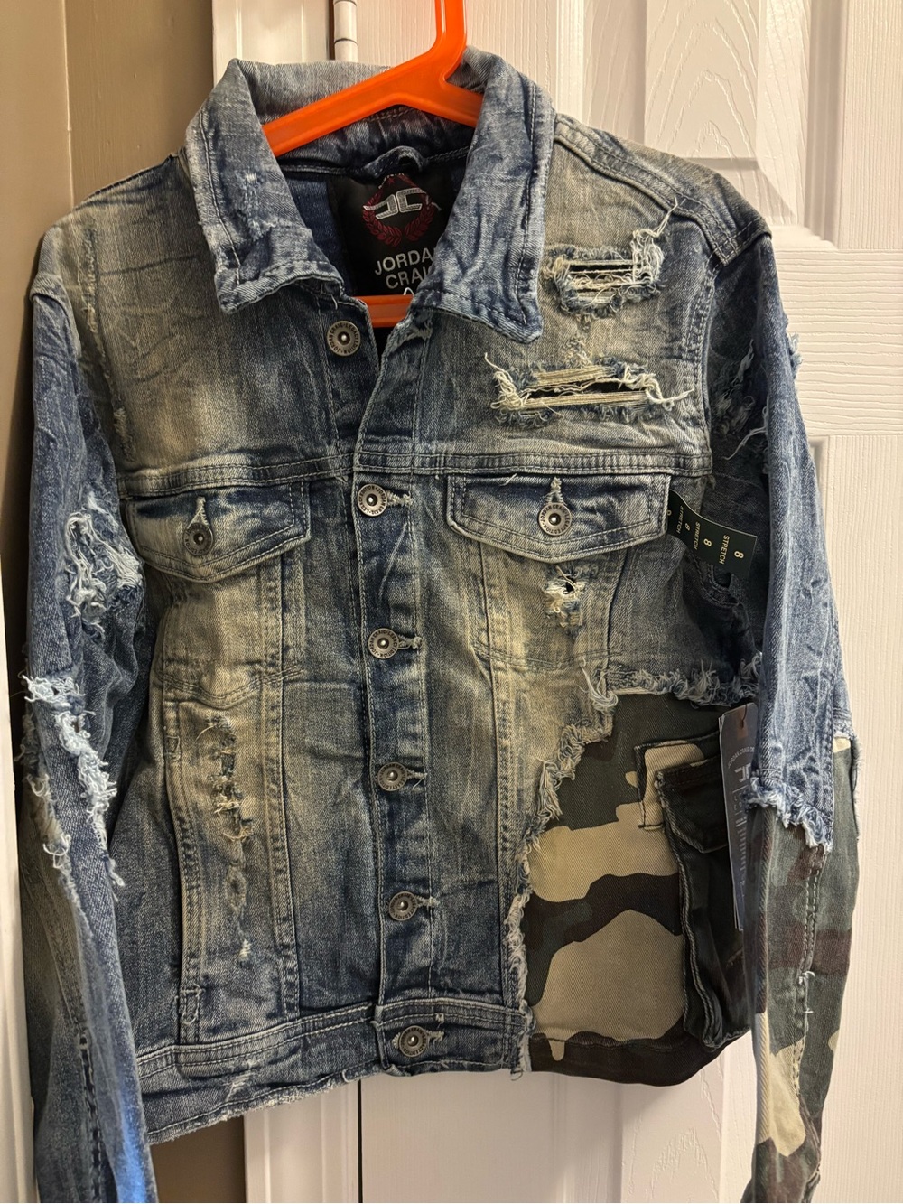 Jordan Craig Distressed Blue Denim Jacket with Camo Patch